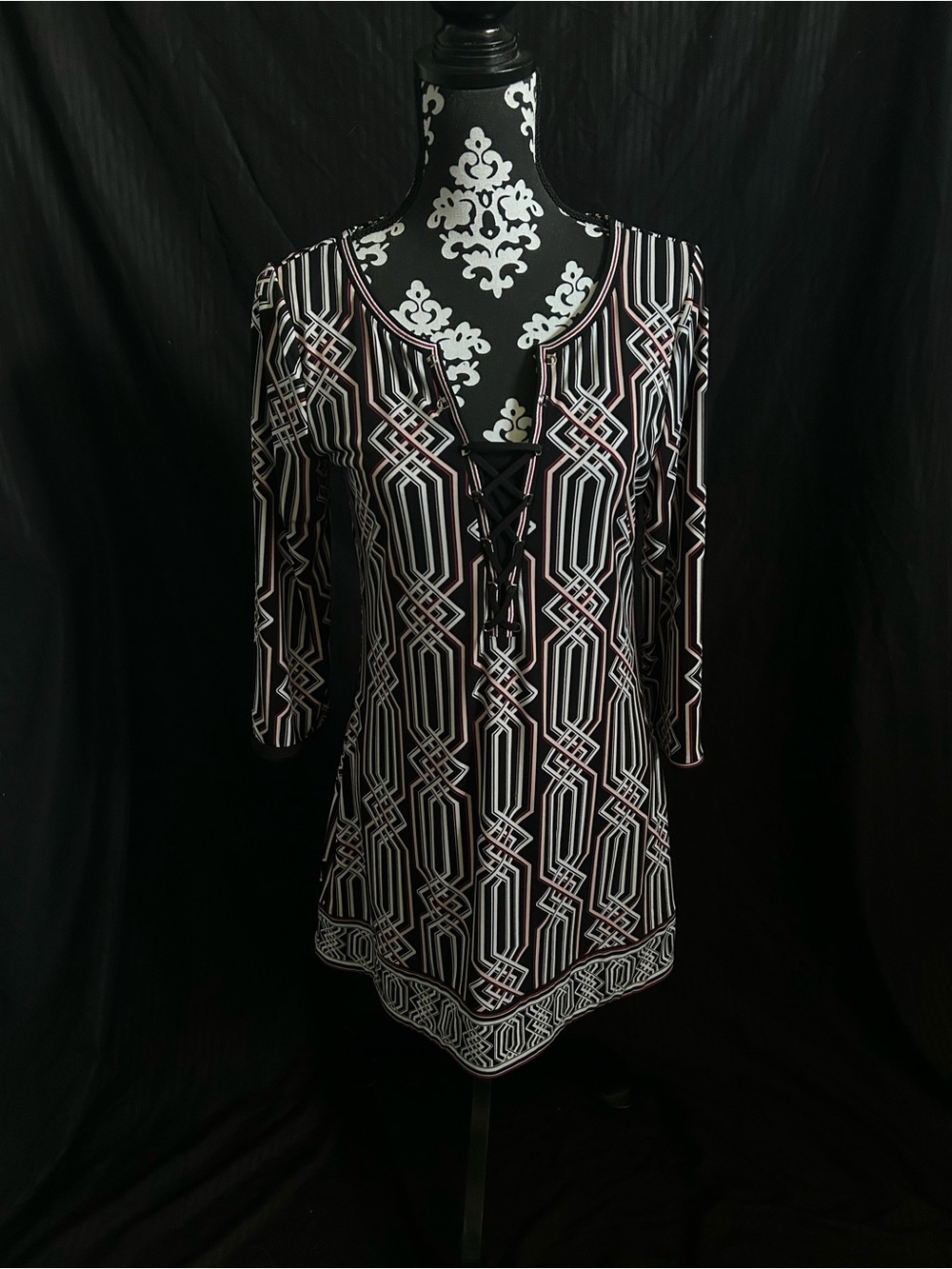 White House Black Market Black & Pink Geometric Lace-Up Tunic
